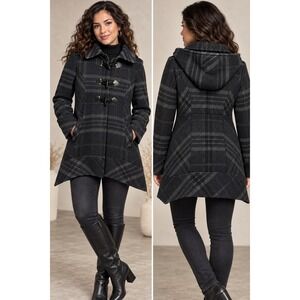 Guess Plaid Wool Blend Toggle Coat Hooded Asymmetrical Hem Dark Academia